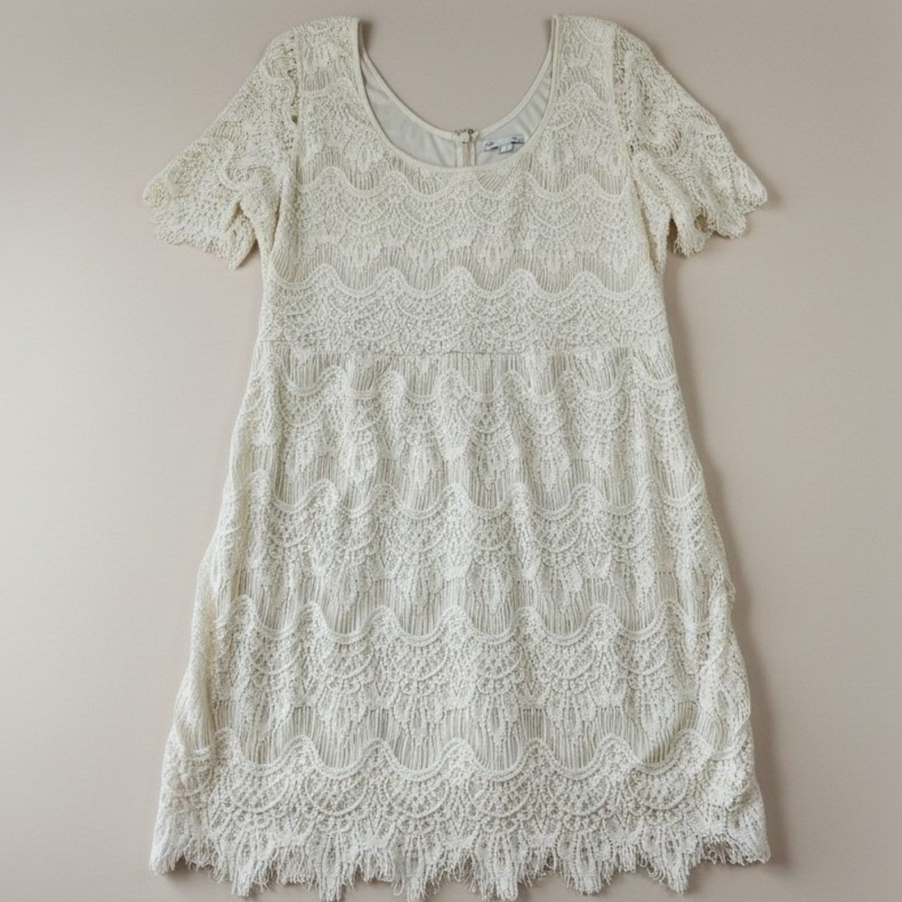 Whimsygoth Romantic Scalloped Crochet Lace Mini Zip Dress‎ Eyelash Hem Size 14